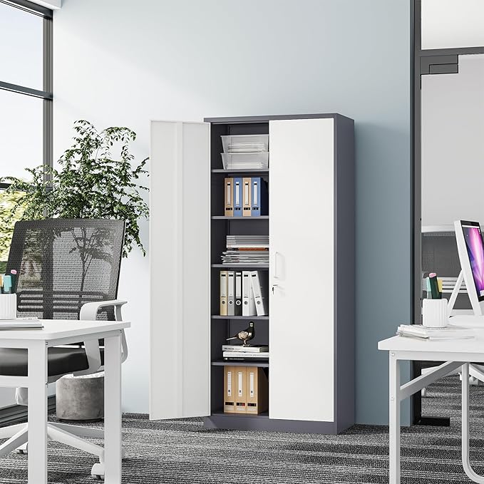 Metal 71' TallFile Cabinet with 5 Adjustable Shelves, Lockable Doors - Gray&White Steel Storage Cabinets for Home, School, Office, Garage