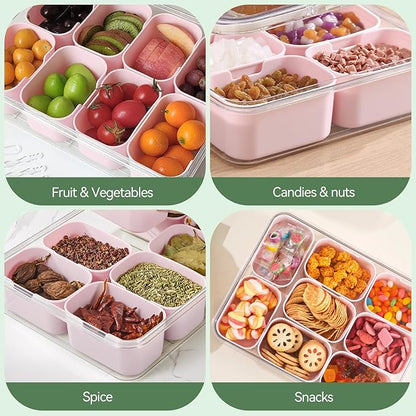 Snackle Box Container, Divided Serving Tray with Lid and Handl 8 Compartments Snacks Box,Candy Snack Fruit and Veggie Tray, Suitable for Picnics Trips Parties and Holidays