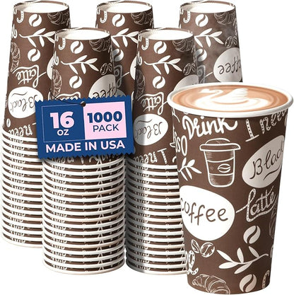 Fit Meal Prep 16 oz Coffee Cups 1000 Count, Leak-Proof Hot Cup, Disposable Paper Coffee Cup Bulk for Hot/Cold Beverage, Durable Thickened Paper Cups for Party, Office, Bussines, Home, Bistros