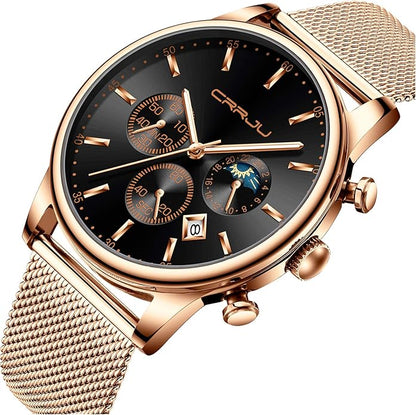 CRRJU Men's Fashion Casual Watches Auto Date Chronograph Watch Men Nice Work Watches Waterproof 30M Full Steel Quartz with Mesh Strap
