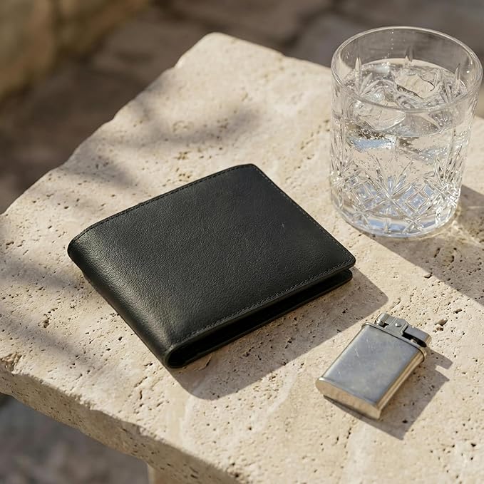Billfold Wallet for Men: RFID Blocking Genuine Leather Slim Bifold, 12 Card Slots & 2 ID Windows with Gift Box, Black