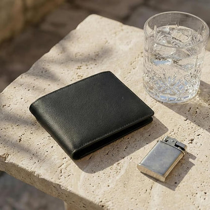 Billfold Wallet for Men: RFID Blocking Genuine Leather Slim Bifold, 12 Card Slots & 2 ID Windows with Gift Box, Black