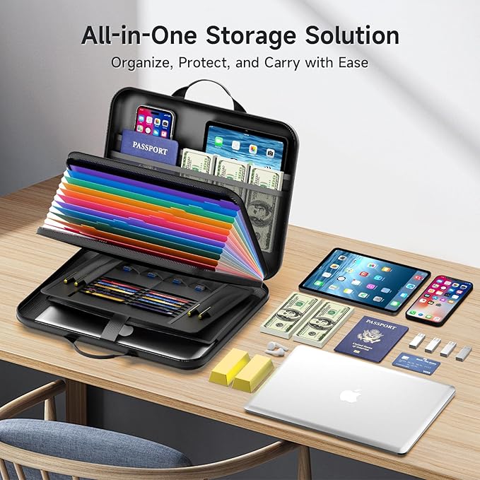 Fireproof Document Box with Lock, Waterproof Hard-Shell File Organizer with 13-Pocket Accordion Folder & Multi-Compartments for Laptop, Documents, Passports & Valuables