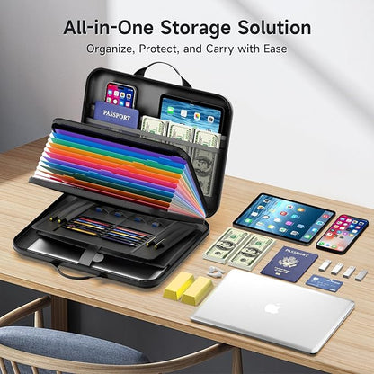 Fireproof Document Box with Lock, Waterproof Hard-Shell File Organizer with 13-Pocket Accordion Folder & Multi-Compartments for Laptop, Documents, Passports & Valuables