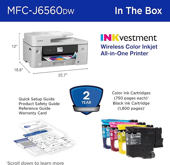 Brother INKvestment 6560 Wireless Color Inkjet All-in-One Printer with 11”x17” Capabilities and 2.7” Color Touchscreen | Includes Refresh Subscription Trial(1) (MFC-J6560DW)