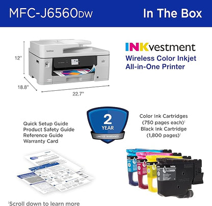 Brother INKvestment 6560 Wireless Color Inkjet All-in-One Printer with 11”x17” Capabilities and 2.7” Color Touchscreen | Includes Refresh Subscription Trial(1) (MFC-J6560DW)