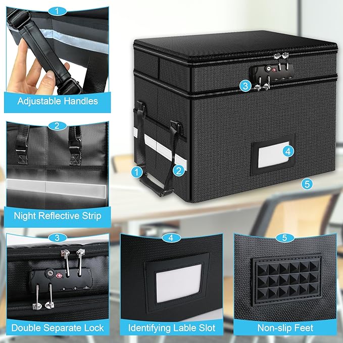 RHM Fireproof Document Box with Lock, 2 Layer Fire Proof File Box for Documents with Handle, Portable Home Office Fire Safe Document Box for Hanging Letter/Legal Folder/Certificate