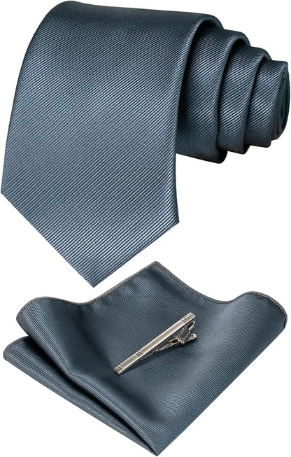 JEMYGINS Solid Color Formal Necktie and Pocket Square Tie Clip Sets for Men