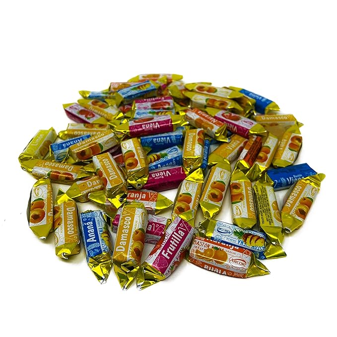 Holiday Fruity Hard Candy Filled With Real Fruit Pulp - 1 lbs - Peach, Strawberry, Pineapple, Orange and Lemon Flavored Bon Bons Filled with Real Fruit Pulp - American Vintage Candy Snack Assortment - Individually Wrapped, 16 oz.
