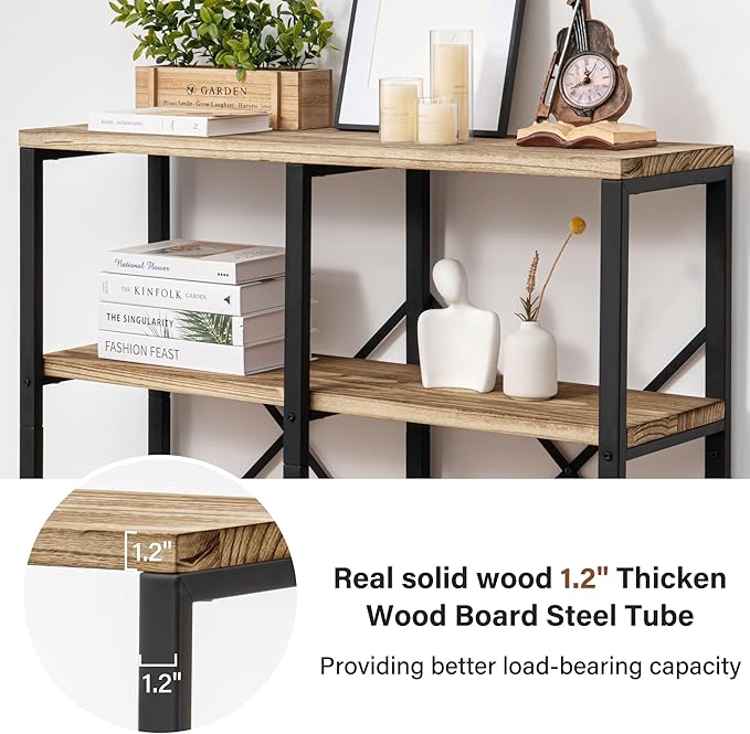 3 Tier Solid Real Wood Bookshelf Rustic Industrial Style 39.37" Width, Wooden Storage Shelves, Wooden and Metal Industrial Bookcase, Large Book Shelf Display Shelf for Home Office,Living Room