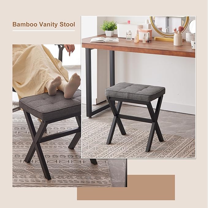 FILWH Bamboo Foot Rest Ottoman - Small Padded Desk Foot Stool for Office & Vanity - Black Legs + Gray