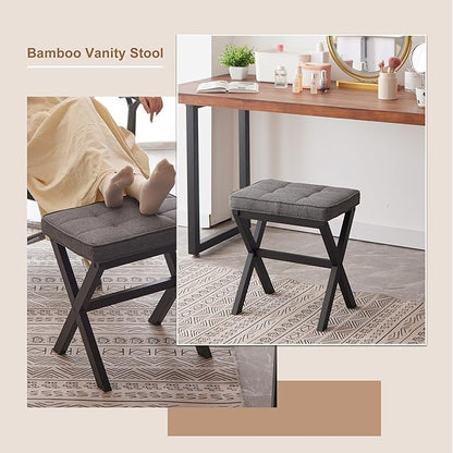FILWH Bamboo Foot Rest Ottoman - Small Padded Desk Foot Stool for Office & Vanity - Black Legs + Gray