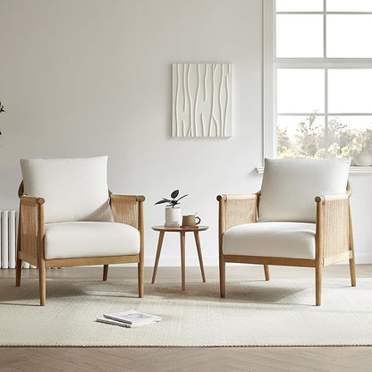 CHITA Braid Accent Chair Set of 2, Modern Armchair with Solid Wooden Armrest for Living Room and Bedroom, Boho Reading Chair, Cream