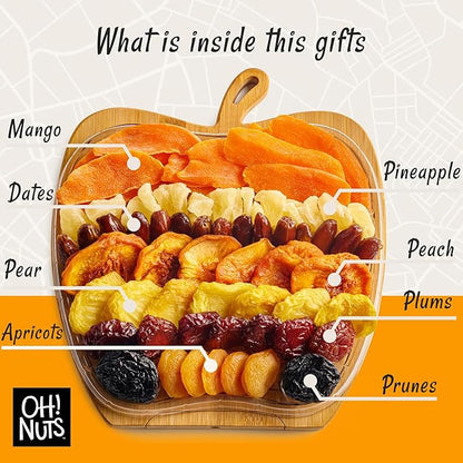 Oh! Nuts Dried Fruit Gift Basket - Gourmet Gift Baskets - Holiday Healthy Assortment Dried Fruits Gift Box - Crafted in the USA - Wooden Apple Shape Gift Tray - (Golden Brown)