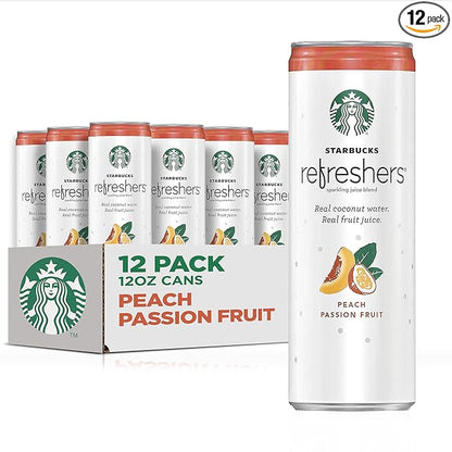 Starbucks - RTD Coffee, Refreshers with Cocounut Water, Peach Passion Fruit, 12 fl oz. cans (12 Pack) (Packaging May Vary)