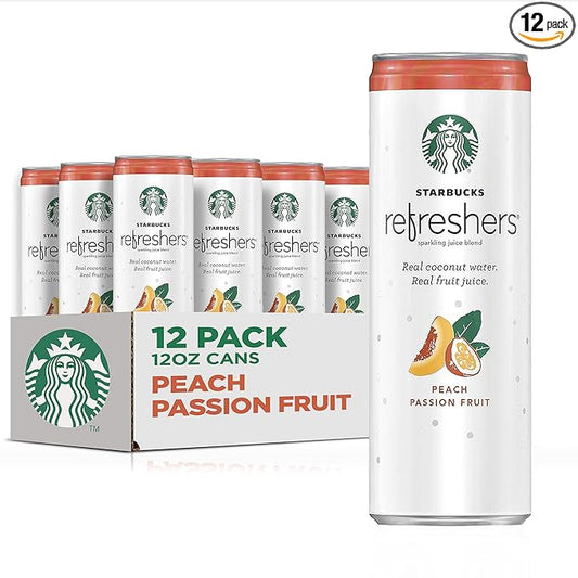 Starbucks - RTD Coffee, Refreshers with Cocounut Water, Peach Passion Fruit, 12 fl oz. cans (12 Pack) (Packaging May Vary)