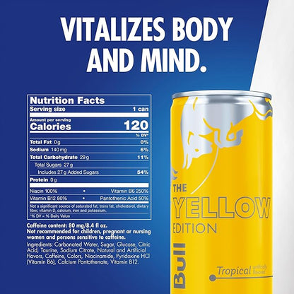 Red Bull Yellow Edition Energy Drink, Tropical, with 80mg Caffeine plus Taurine & B Vitamins, 8.4 Fl Oz, Pack of 4 Cans
