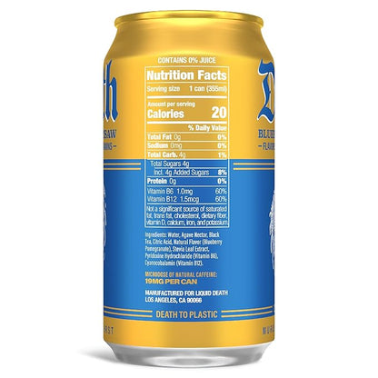 Liquid Death, Blueberry Buzzsaw Iced Tea, 12-Pack (12 oz Cans), Blueberry Flavored Black Tea, Low Calorie, No Artificial Sweeteners, B12 & B6 Vitamins