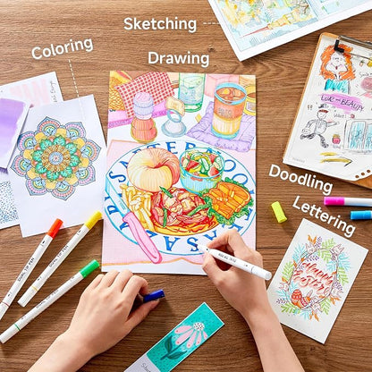 Shuttle Art Dual Tip Brush Marker Pens, 105 Colors Fine and Brush Tip Markers Set in Portable Case with 1 Coloring Book for Kids, Water-based Ink Adult Artist Coloring Calligraphy Journal Doodling