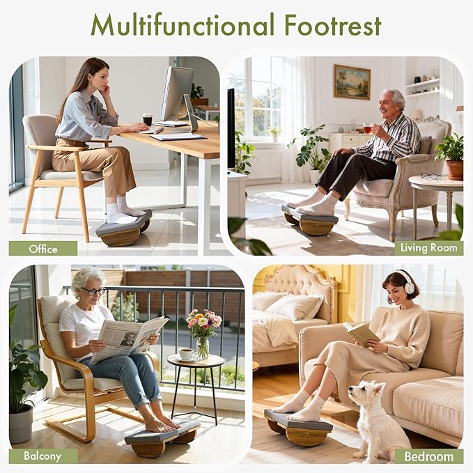 Wooden Under Desk Foot Rest,Foot Stool with Detachable Cushion,Ergonomic Rocking Footrest for Work & Home,Leg Relief & Foot Support,Improves Posture and Blood Circulation