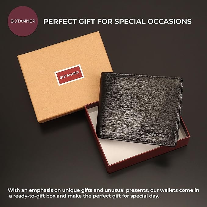 Genuine Leather Mens Bifold Wallet RFID Blocking 5 Credit Card Slots 1 ID Window 2 Sections for Bills 2 Additional Slots | Ink Black