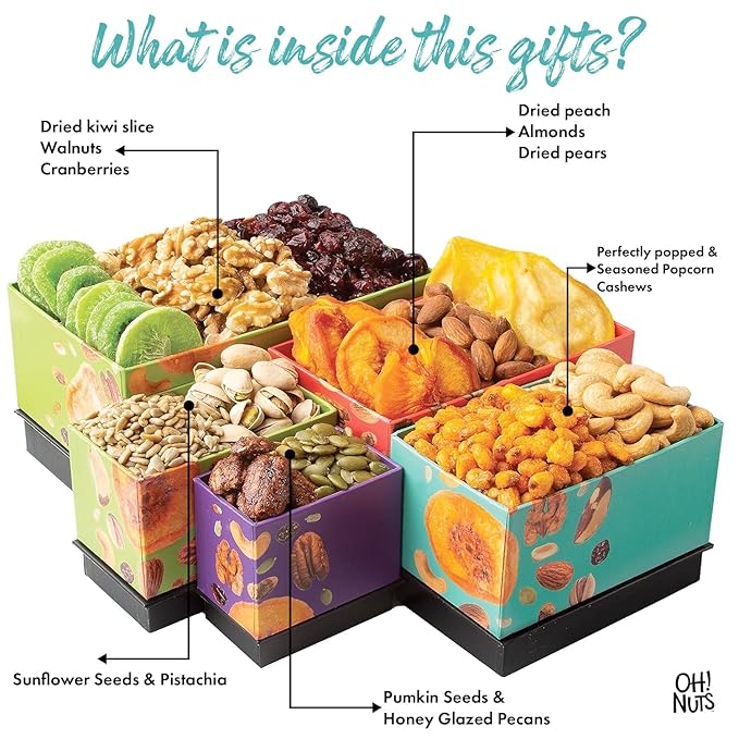 Oh! Nuts 5 Tier Gift Tower - 12 Assorted Dried Fruits and Nuts Gift Basket - Gourmet Healthy Snack Boxes for Holiday, Birthday, Thank You, Corporate Gifting, Parties & Family Celebrations