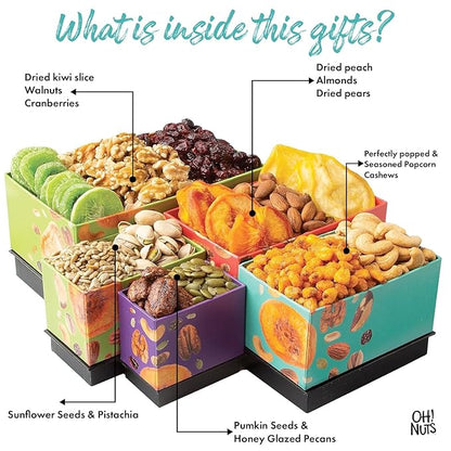 Oh! Nuts 5 Tier Gift Tower - 12 Assorted Dried Fruits and Nuts Gift Basket - Gourmet Healthy Snack Boxes for Holiday, Birthday, Thank You, Corporate Gifting, Parties & Family Celebrations