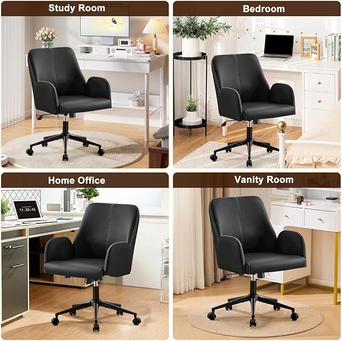 Furniliving Home Office Desk Chair, Ergonomic Leather Office Chair with Wheels, Comfortable Rolling Task Chair Adjustable Height, Black