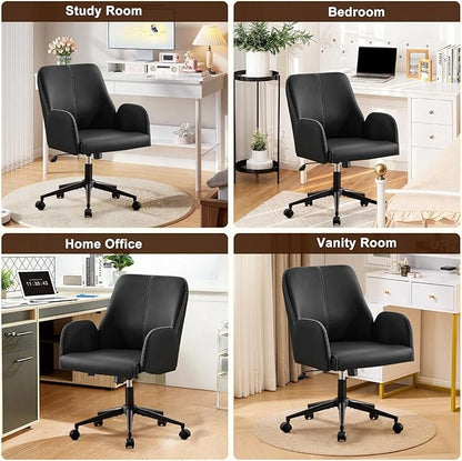 Furniliving Home Office Desk Chair, Ergonomic Leather Office Chair with Wheels, Comfortable Rolling Task Chair Adjustable Height, Black