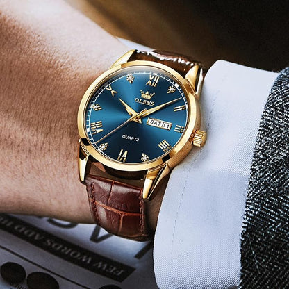 Men's Casual Leather Watch, Easy to Read Three-Hand Analog Stainless Steel Watches for Men, Minimalist Day Date Waterproof Luminous Mens Quartz Wristwatch
