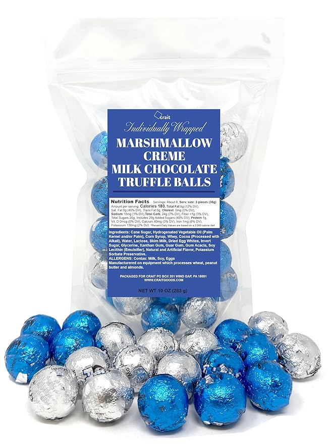 Hannukah Candy Bulk Mix Marshmallow Crème Milk Chocolate Truffle Balls 10 Ounce, Individually Wrapped Blue & Silver Candy