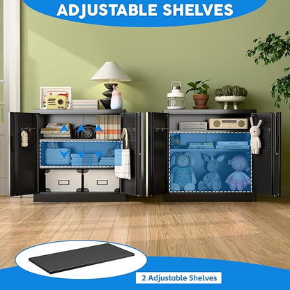 Metal Storage Cabinet, Garage Storage Cabinet with 2 Lockable Doors and 2 Adjustable Shelves, Steel File Cabinets with Lock and Pegboard for Home, School, Office, Garage, Black