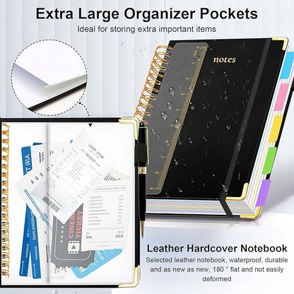 Hardcover Spiral Notebook 8"x10" Journal Notebook with Tabs and Removable Dividers 300 Pages 5 Subject Notebook College Ruled, Faux Leather Spiral Bound Notebook for Women School Work (Black)