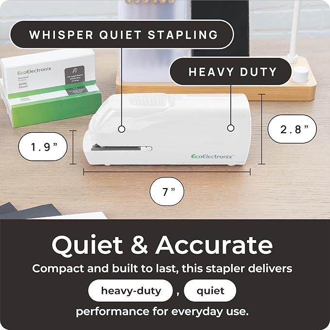 Portable Automatic Electric Stapler Pro - 30 Sheet Capacity, Quiet Operation, Jam-Free and Easy Reload - AC Adapter/Battery Powered (White & Black Combo)