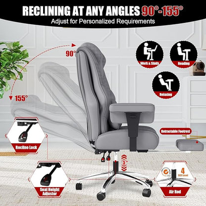 600LBS Big and Tall Office Chair, Oversized Leather Executive Chair with Foot Rest, Wide Ergonomic High-Back Reclining Computer Desk Chair for Heavy People with Lumbar Support and Rolling Wheels