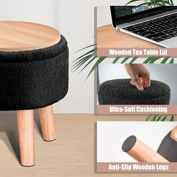 Poofzy Small Ottoman with Storage, Small Foot Stool Ottoman with Wood Legs, Sherpa Foot Rest for Couch, Living Room and Bedroom - Black