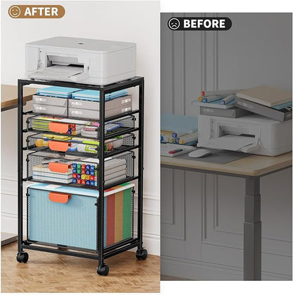 Marbrasse Rolling File Cart with 4 Storage Drawers, Mobile File Cabinet on Lockable Wheels, Hanging Filing Cabinet Organize, Under Desk Utility Cart for Home Office