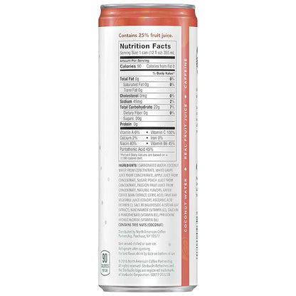 Starbucks - RTD Coffee, Refreshers with Cocounut Water, Peach Passion Fruit, 12 fl oz. cans (12 Pack) (Packaging May Vary)