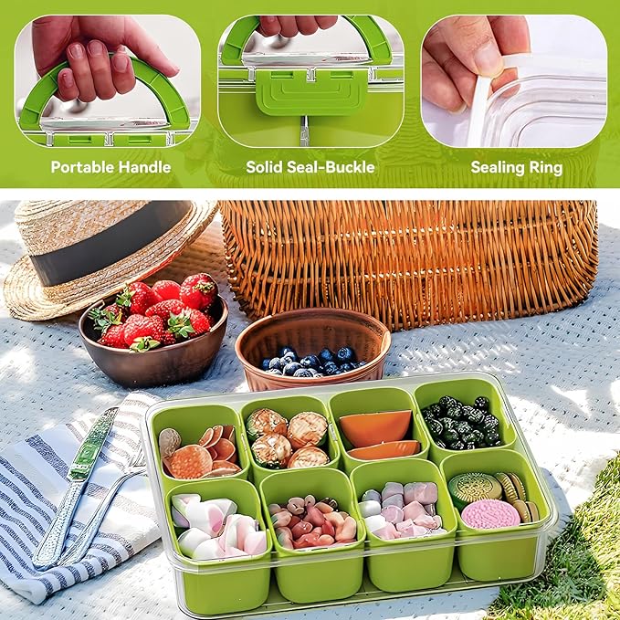 Snackle Box Container, Divided Serving Tray with Lid and Handl 8 Compartments Snacks Box,Candy Snack Fruit and Veggie Tray, Suitable for Picnics Trips Parties and Holidays