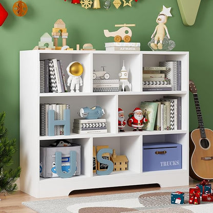 Book Shelf Set of 2, 8 Cubes Storage Organizer, 3-Tier Open Shelf Wooden Bookcase, Freestanding White Bookshelf Cube Shelf for Bedroom, Living Room, Home Office