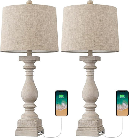 BOBOMOMO 27" Table Lamp with USB C+A Charging Ports Set of 2 Antique Nightstand Lamp for Bedroom Living Room Farmhouse Office Retro Rustic Resin Bedside Desk Lamps Washed White