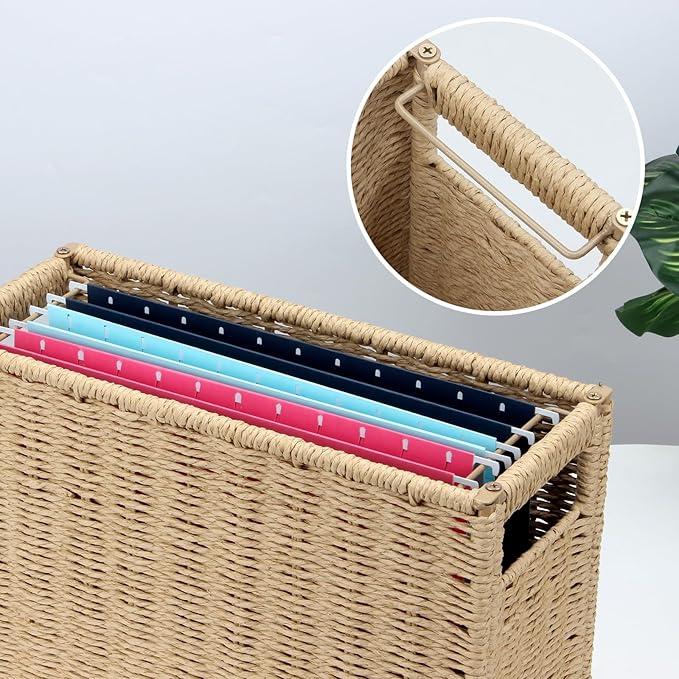 14.6 x 5.9 x 10.8 Inch Large Decorative File Box, Decorative File Baskets for Seagrass Hanging Organizers Portable Letter Size Document, Folder Filing Cabinet with Lid for Home Office Decor