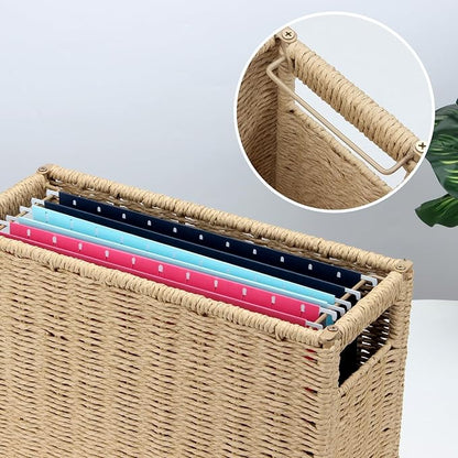 14.6 x 5.9 x 10.8 Inch Large Decorative File Box, Decorative File Baskets for Seagrass Hanging Organizers Portable Letter Size Document, Folder Filing Cabinet with Lid for Home Office Decor