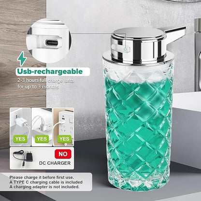 Automatic Soap Dispenser Liquid for Kitchen: 11 OZ Glass Touchless Clear Auto Soap Dispenser for Bathroom - Hand Dish Lotion Home Countertop Kids - Family Couple