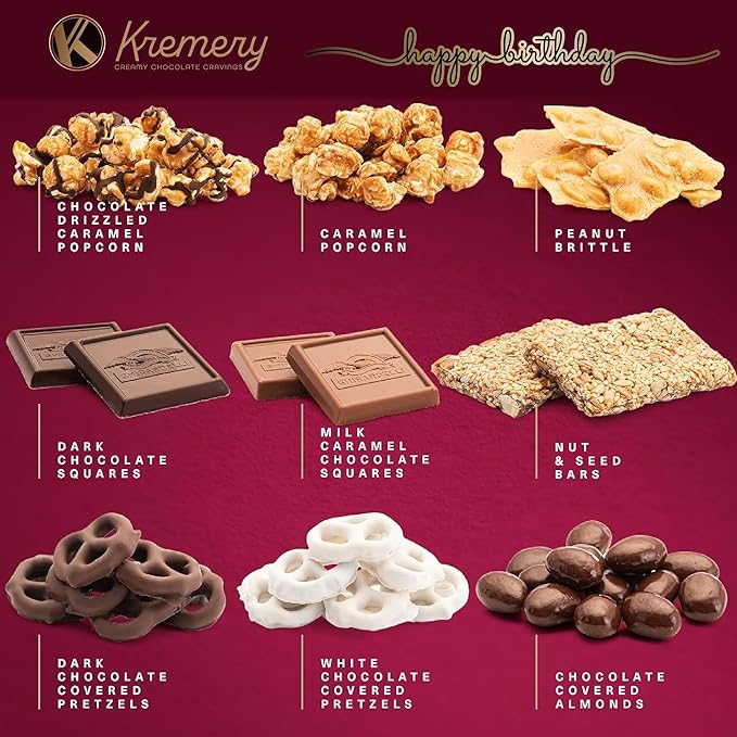 KREMERY Creamy Chocolate Cravings - Happy Birthday Treats, Chocolate Covered Pretzels & Caramel Popcorn Gift Basket, in Seagrass Tray + Ribbon & Greeting Card (Deluxe, 3.5 lbs) Food Assortments