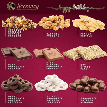 KREMERY Creamy Chocolate Cravings - Happy Birthday Treats, Chocolate Covered Pretzels & Caramel Popcorn Gift Basket, in Seagrass Tray + Ribbon & Greeting Card (Deluxe, 3.5 lbs) Food Assortments