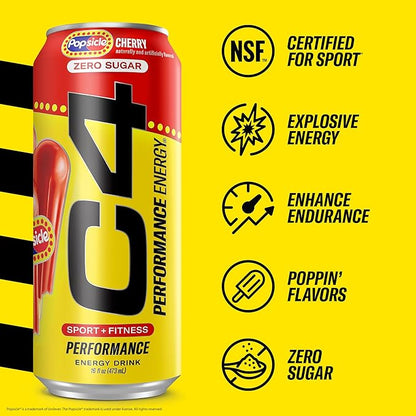 Cellucor C4 Energy Drink Cherry, Carbonated Sugar Free Pre Workout Performance Drink with no Artificial Colors or Dyes, 16 Oz, Pack of 12