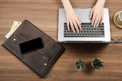 Genuine Leather Sleeve for 13/14/15-in MacBook Pro & MacBook Air, Slim Protective Laptop Case, Folio Document Organizer Leather Folder Portfolio-Dark Kahki