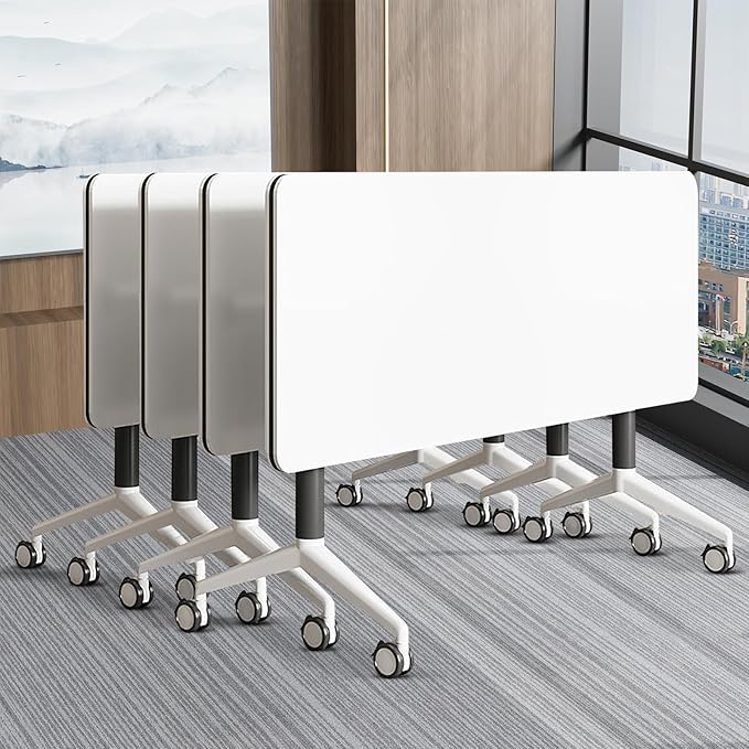 Conference Table, Folding Conference Room Table On Wheels Foldable Office Conference Table Moderen Modular Conference Training Table for Classroom Meeting (White Black 47.2IN 4PCS)