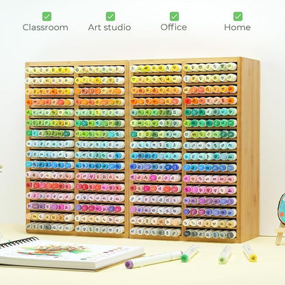 Ohuhu Bamboo Marker Organizer, Desktop Storage Hold 224 Markers for Honolulu Oahu Series of Ohuhu Markers, Pens Pencils Stationary Organizer Holder with 32 Compartments for Classroom Office Decor
